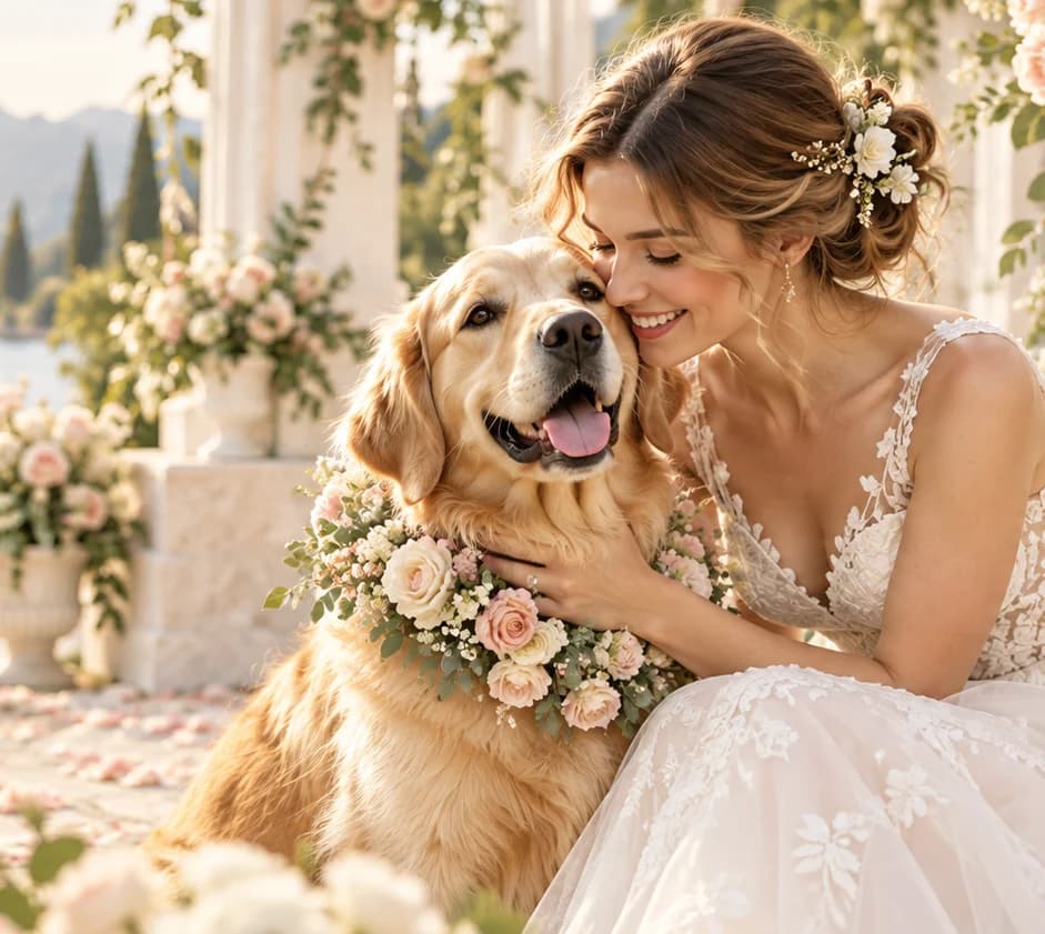 Smiling bride embracing her golden retriever among wedding flowers