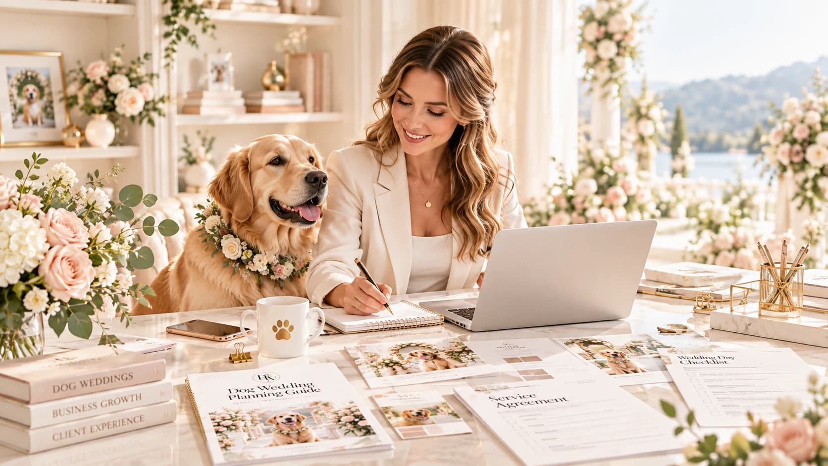 Professional planning a dog wedding service with a golden retriever beside her at a floral wedding venue