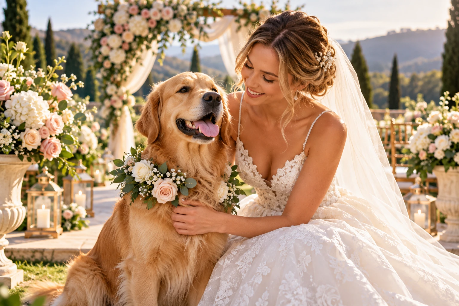 Bride smiling beside a golden retriever wearing a floral collar at a flower-filled wedding venue